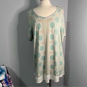 Rose + Olive Size 2X Green Tan Geometric Circles Boho Mixed Media Tunic Top